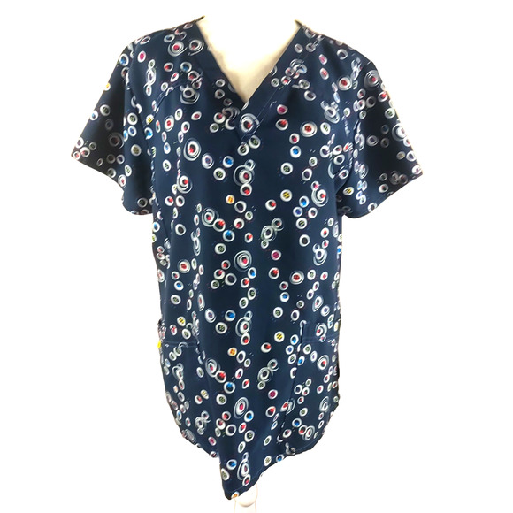 Wonder Wink Women's Scrub Top Size Large Navy Blue Pola Dots Medical - Picture 6 of 6